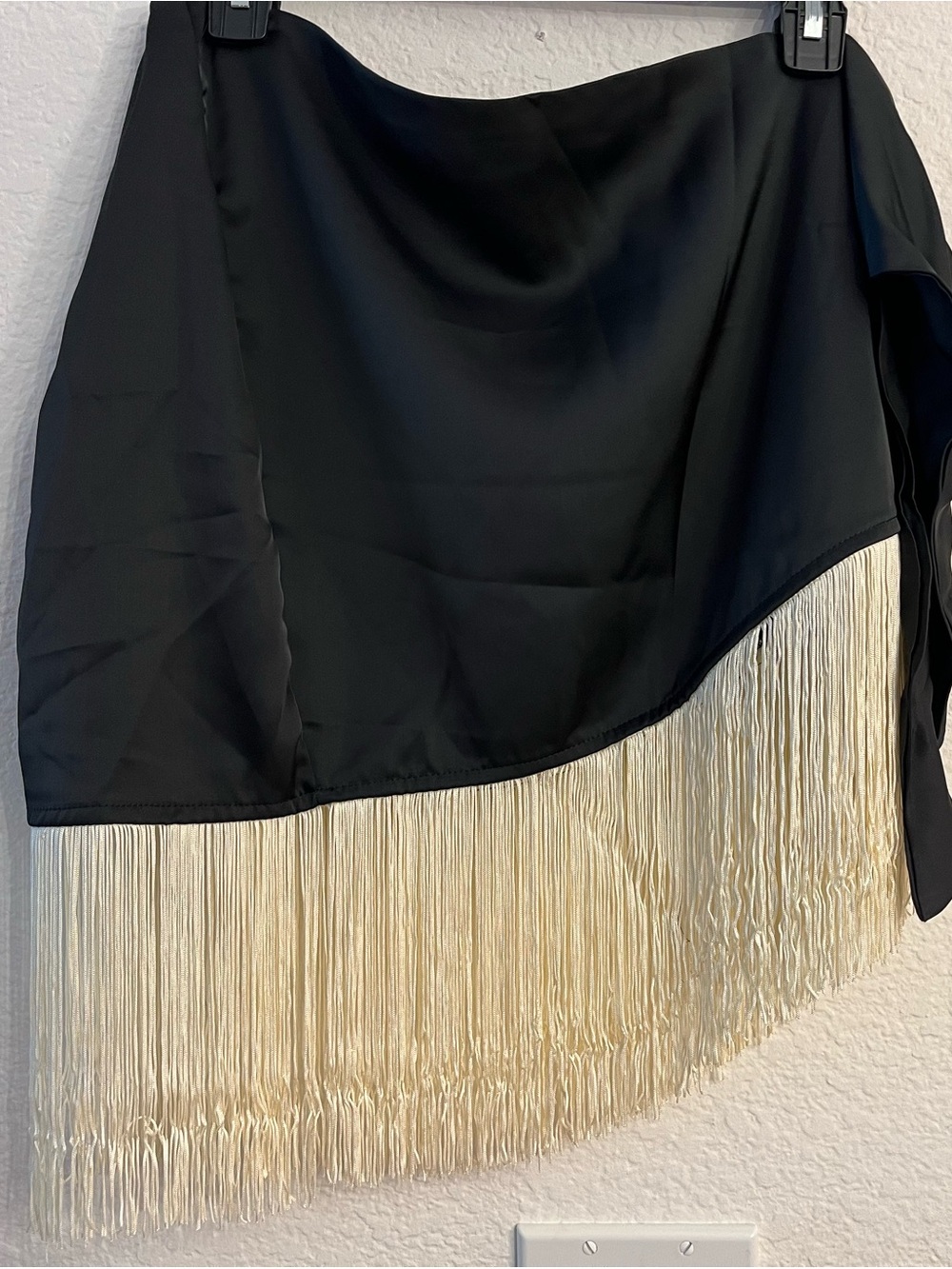 SEXIEST BLACK SATIN FRINGE SIDE TIE MINI SKIRT BOHEMIAN GLAM